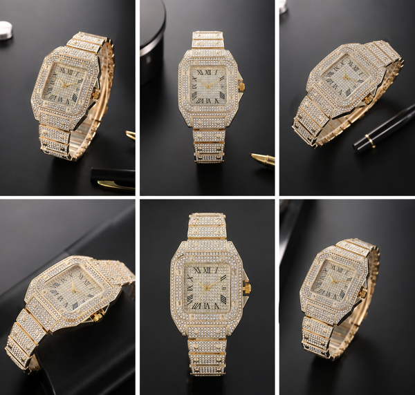 Reloj de lujo dorado con cristales para hombre, cuadrado, cuarzo 3