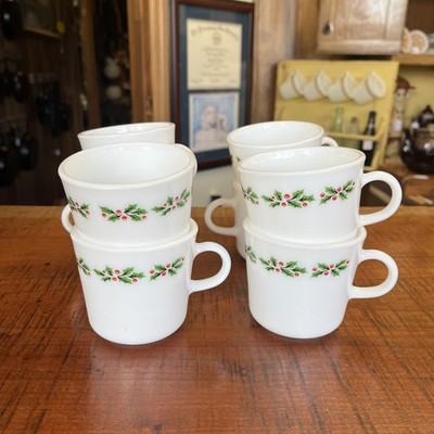 Set Of (8) Christmas Corning White Milk Glass 'Holly Days' Tea Cups