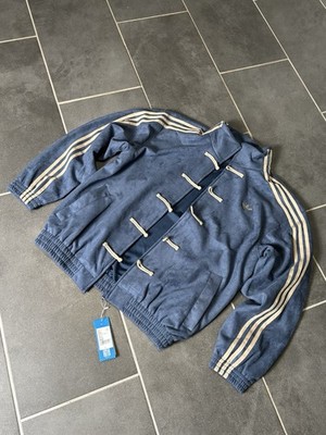 adidas Originals Men's Velour Track Jacket Blue/Beige L Full Zip 3-Stripe