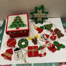 Vintage Handmade Canvas plastic needlepoint yarn Christmas Ornaments and box