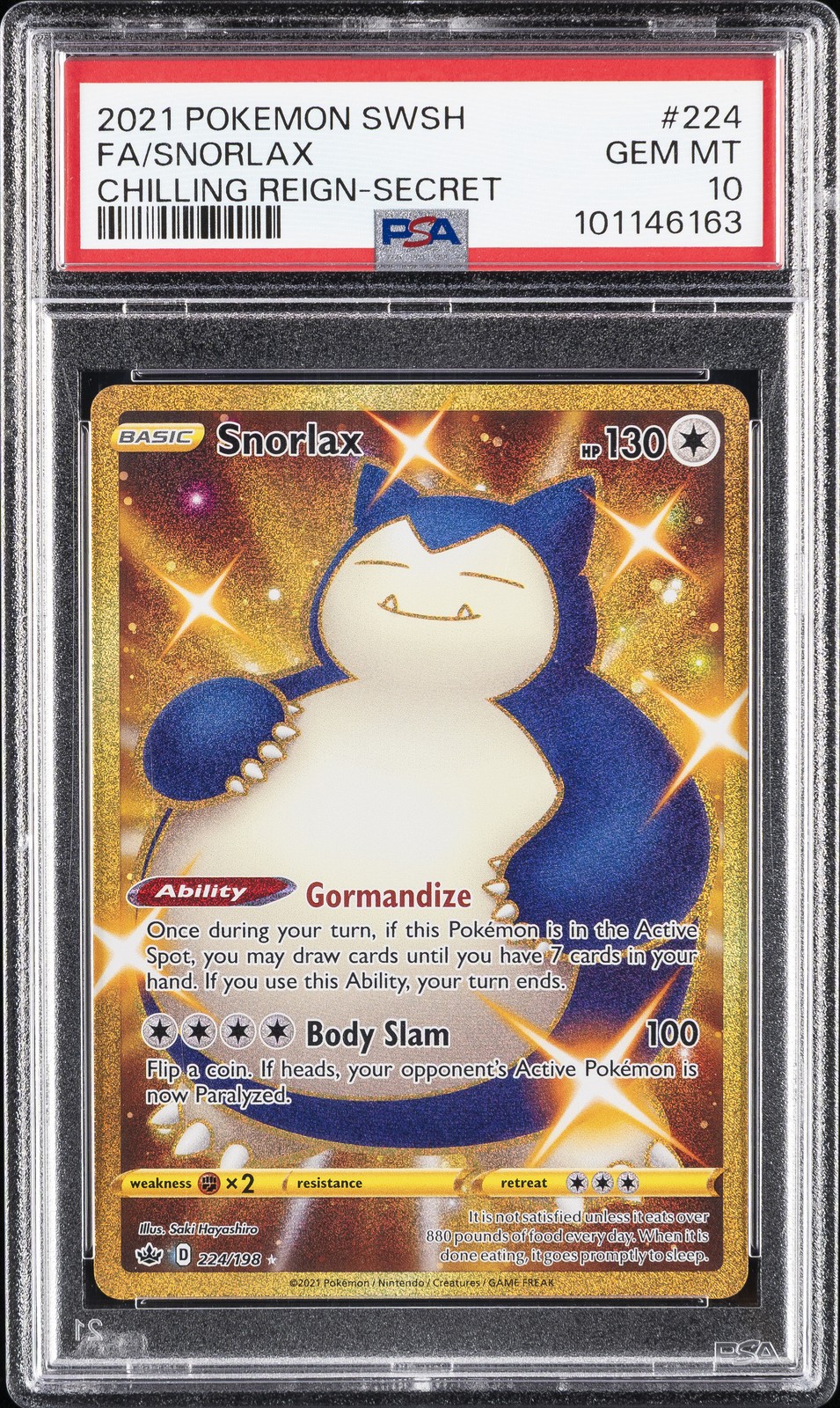 2021 POKEMON SWORD & SHIELD CHILLING REIGN SECRET #224 FULL ART/SNORLAX PSA 10