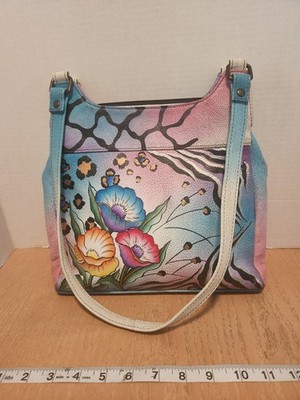 Anuschka Handpainted Blue Pink Floral 3 Section Handbag Dual Strap