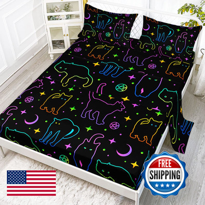Axolotl Black Cat Bedding Cartoon Cat Sheet Set Queenmoon Stars Printed Kids