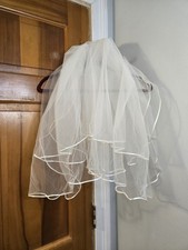 Elegant White Two Tier Bridal Veil With White Satin Trim
