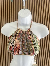 Luli Fama My Way Strings to Braid Halter Bikini Top Multicolor Medium NWT