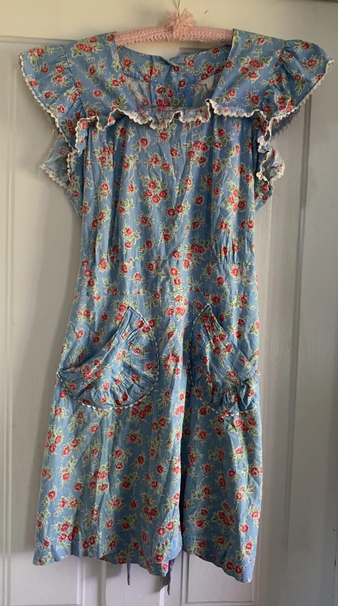 1930s cotton house dress 1930s 40s Novelty Print Cotton Wrap Dress, Housecoat, Robe