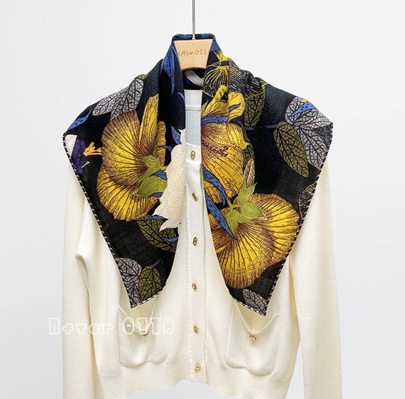 70% cashmere 30% silk ginkgo leaf double side printed square Wrap shawl 64X64cm