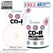 200 Pcs SmartBuy Blank CD-R CDR 52X 700MB/80Min White Top Surface Record Disc