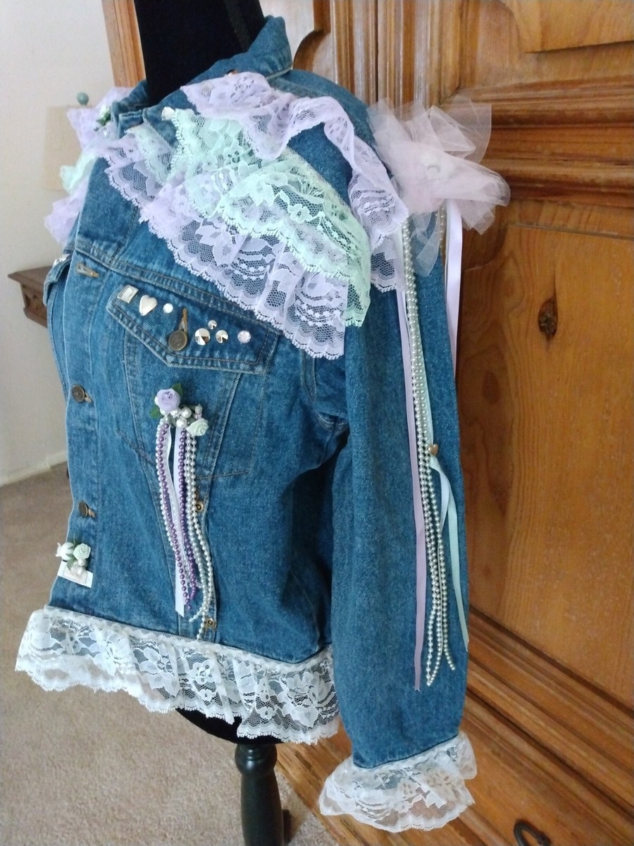 80's Style Bedazzled Jean jacket Pearls Lace Bride Cosplay Valley