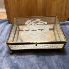 VTG Etched Rose Brass Glass Mirrored Jewelry Trinket Box