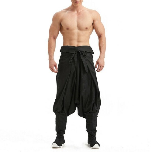 Uomo Goccia Cavallo Basso Pantaloni Larghi con Cintura Cinese Tradizionale  Hanfu | eBay