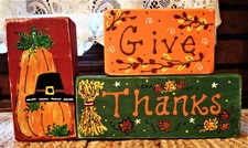 RUSTIC DISTRESSED 3 Pc GIVE THANKS FALL WOOD BLOCK Shelf Sitter SET THANKSGIVING