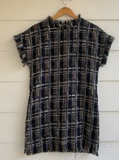 Ellison Tweed Shirt Shift Dress Plaid Textured Fringe Keyhole Back Sz S Pockets