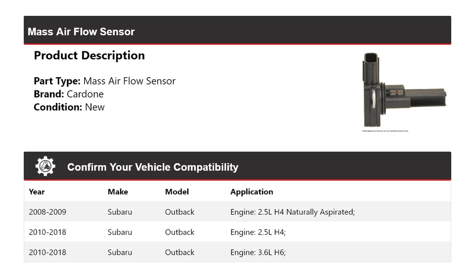 For 2008-2018 Subaru Outback Mass Air Flow Sensor Cardone 2009 2010 2011 2012 - Imagem 2 de 4