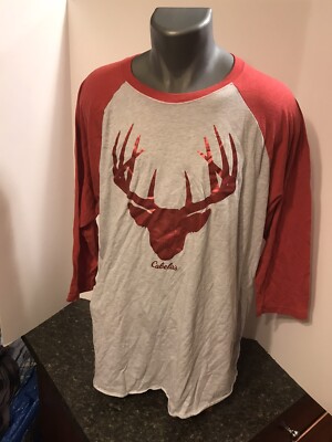 Cabelas Women s 3/4 Sleeve Deer Rack Logo Shirt Red White XXL Poly Cotton Rayon