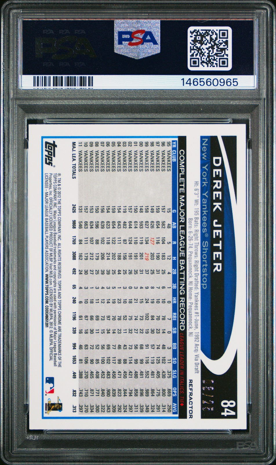 2012 TOPPS CHROME RED REFRACTOR #84 DEREK JETER 3/25 PSA 8 view 2