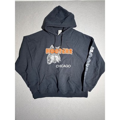 Vintage Hooters Hoodie Mens Large Black Chicago Sleeve Graphic Pullover