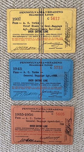 Pennsylvania-Reading Seashore Lines Lot of (3) 1937-43-55 Passes:A.C. Yorke,PRR