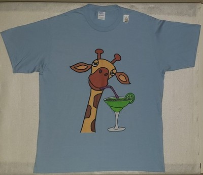 GIRAFFE Drinking a Margarita With A Straw Size XL Light Blue T-Shirt NEW