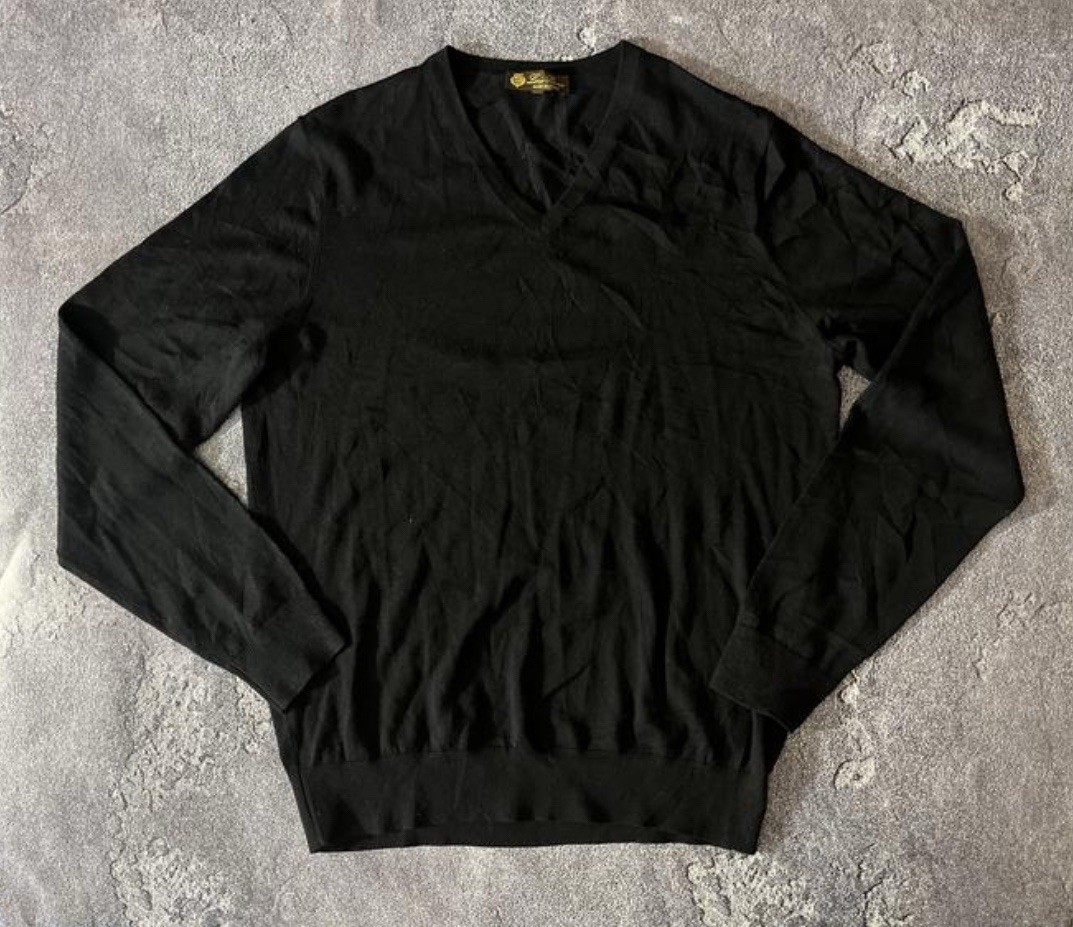 Loro Piana Men Black Wool Long-Sleeve V-Neck Pullover Sweater Size 54 L/XL