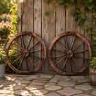 Set Of 2 76cm Wooden Garden Cart Wagon Wheel Rustic Ornamental Wall Fence Decor