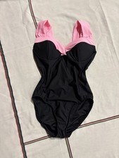 Vintage 1980s pinup Barbie one piece black swimsuit with baby pink top trim