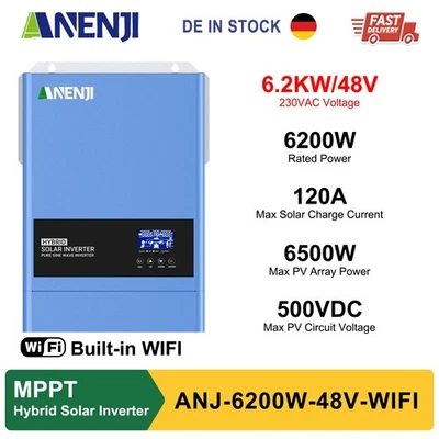 ANENJI 6200W 48V Solar Inverter Hybrid Sinus MPPT 120A PV 60-500V Wechselrichter