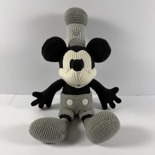 Disney Parks Steamboat Willie Mickey Mouse Knit Plush Gray Black Stuffed 18”