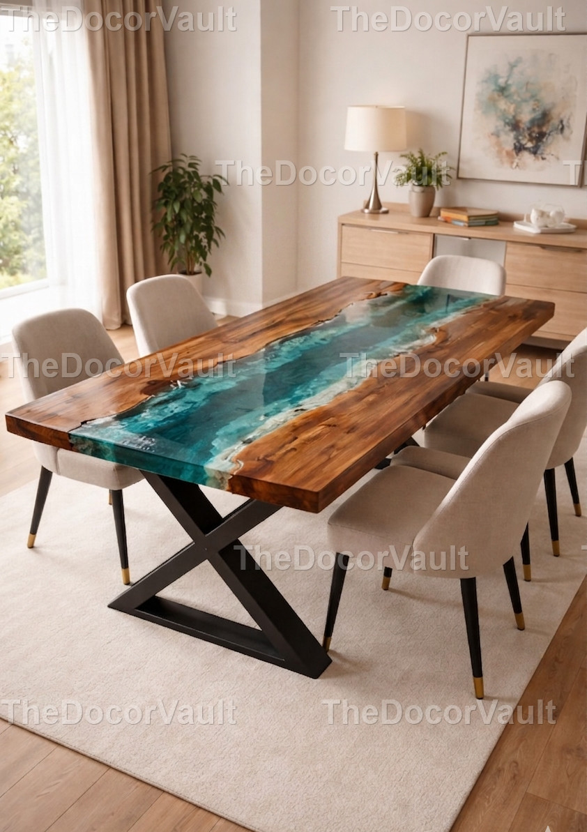 Live Edge Walnut Wood Epoxy Resin River Table Top | Handmade Blue Ocean Dining-image