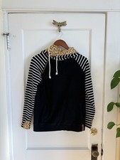 Ampersand Avenue Double Hooded Black  White Striped Sweatshirt Leopard Trim S