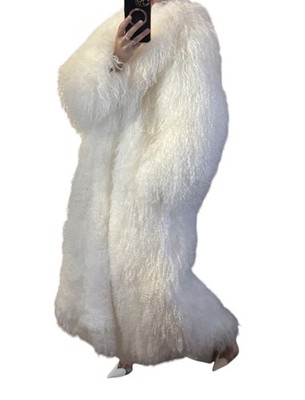 Stunning White Ivory Mongolian Fur Full Length Coat Sheepskin Curly XL