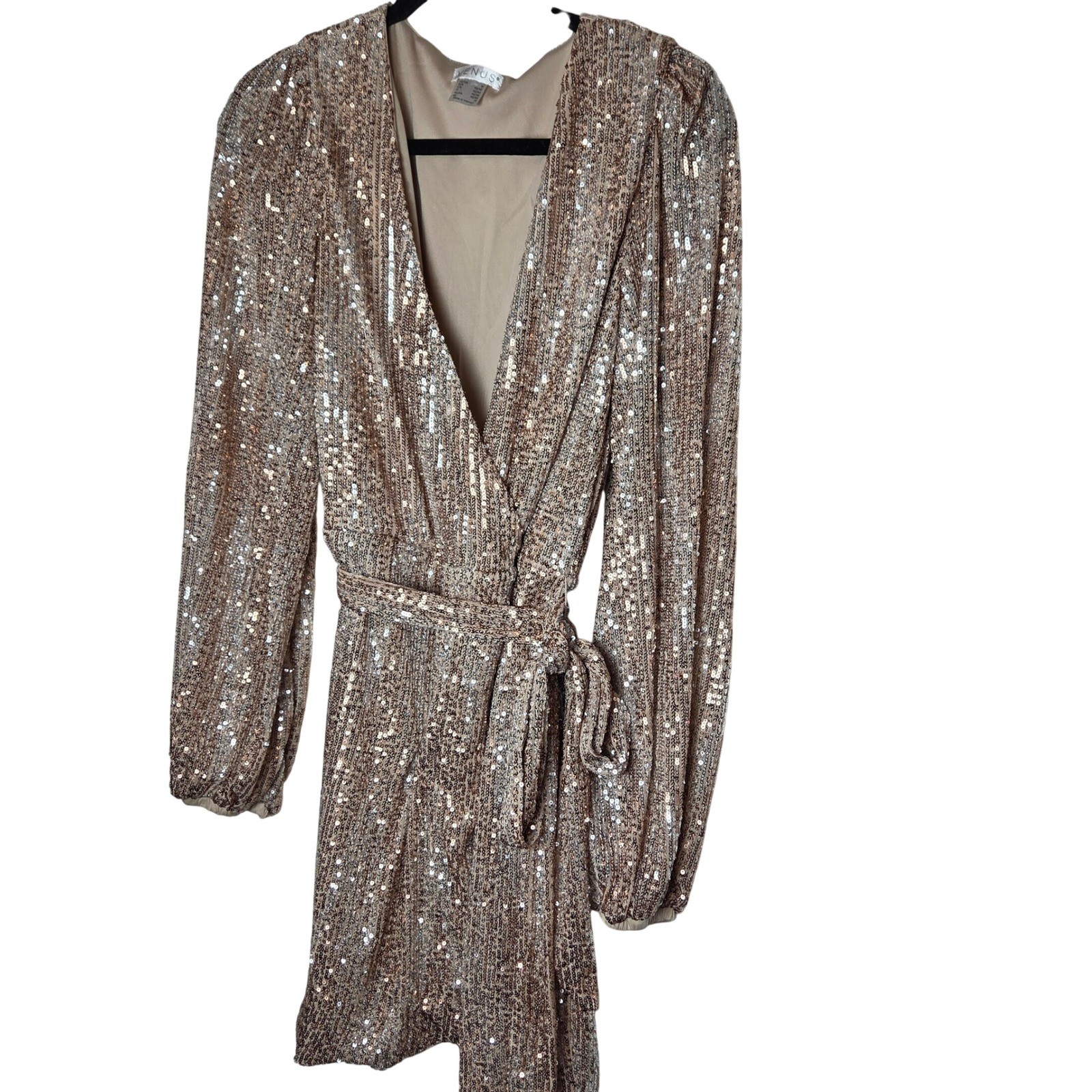 Venus Gold Sequin Sparkle Wrap Mini Dress Womens size Medium