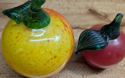 Hand blown glass apples pair yellow red green with stems flat apple like bottom