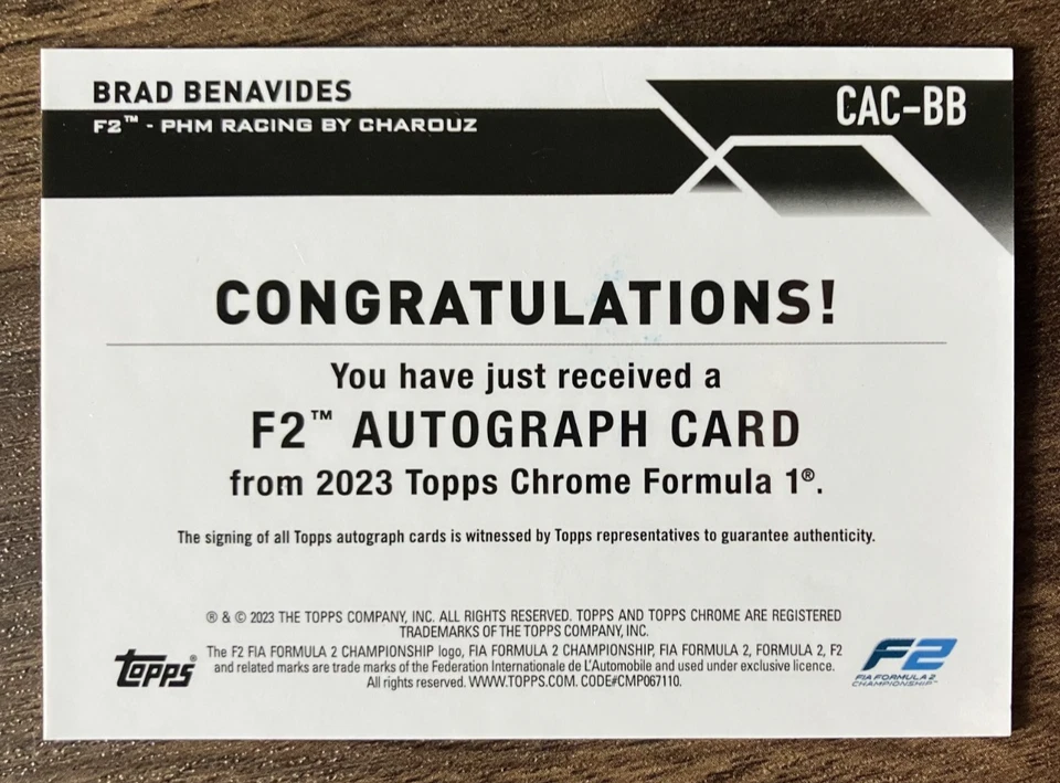 01/50 Gold Brad Benavides Autograph CAC-BB - 2023 Topps Chrome Formula 1 F1 F2 - Image 3 of 3