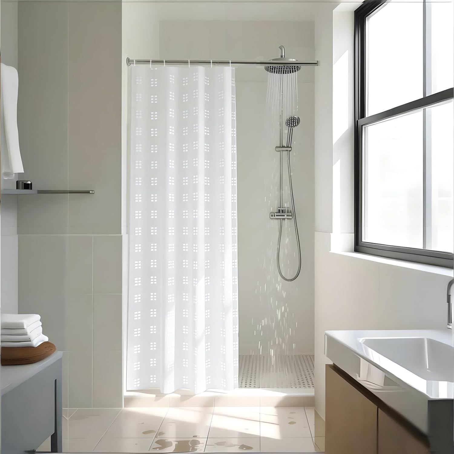 YISURE Narrow White Textured Shower Curtain for Bathroom Tub, Waterproof Fabric
