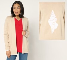 Denim Co. Intarsia Motif Open-Front Long-Sleeve Cardigan Stone Khaki M New