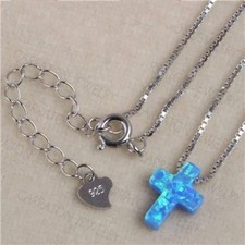 Dainty Blue Opal Cross Pendant 925 Sterling Silver 18" Necklace Gift