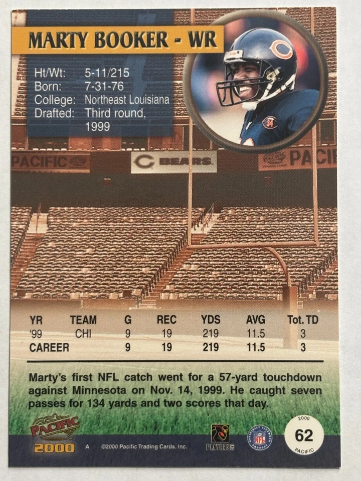 2000 Pacific #62 Marty Booker Chicago Bears - Image 2 of 2