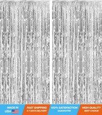 Silver Foil Curtain Backdrop - 2 Pack Metallic Tinsel Fringe