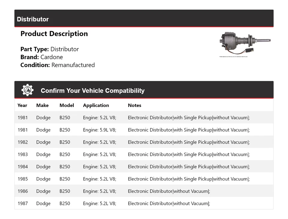 Para Dodge B250 1981-1987 Distribuidor Cardone 1982 1983 1984 1985 1986 Foto 2 de 4