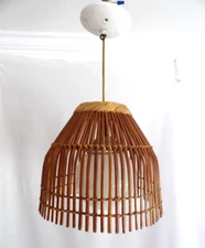 MCM Danish Bamboo Wicker Rattan Swag Lamp Hanging Light Fixture w/ Globe 11"