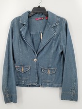 So Womens Large Color Blue Long Sleeve 1 Button Front With Pockets Denim Blazer