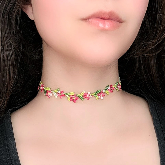 Pink Flower Lace Choker Thin Vine Floral Necklace Whimsical
