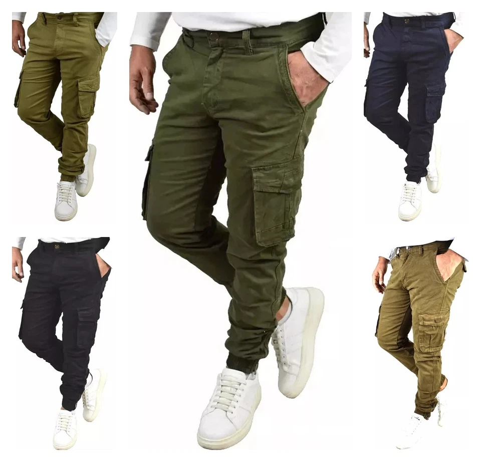 Pantaloni Cargo Uomo Slim Con Tasche Laterali Tasconi Cotone Invernali Blu 46 48 - Immagine 2 di 4