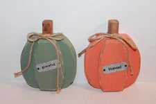 CWI Gifts Set of 2 Wood Fall 3-D Pumpkins w/ Grateful & Blessed Metal Tags NEW
