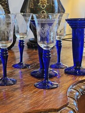 Depression Glass Cobalt Blue Cordial Glasses And Candle Holders Art Deco