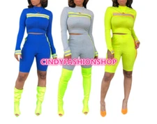 USA  Women Sexy Reflective Stripe Crop Top+Shorts Two Piece Set Tracksuit Sport