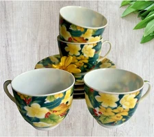 4 VTG Vardem Demi-Cups & Saucers Fine Bone China All Over Yellow Florals New Oth
