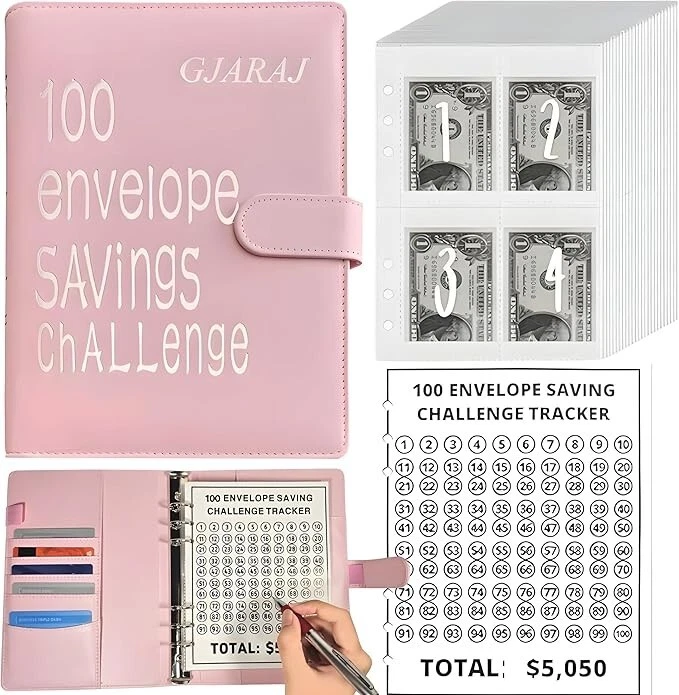 100 Sobres Carpeta Desafío Ahorro Dinero, Carpeta Tamaño A5 (ROSA)  Foto 2 de 4