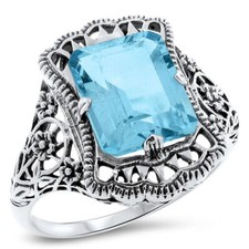 GENUINE SKY BLUE TOPAZ 925 STERLING SILVER ANTIQUE STYLE FILIGREE RING    993